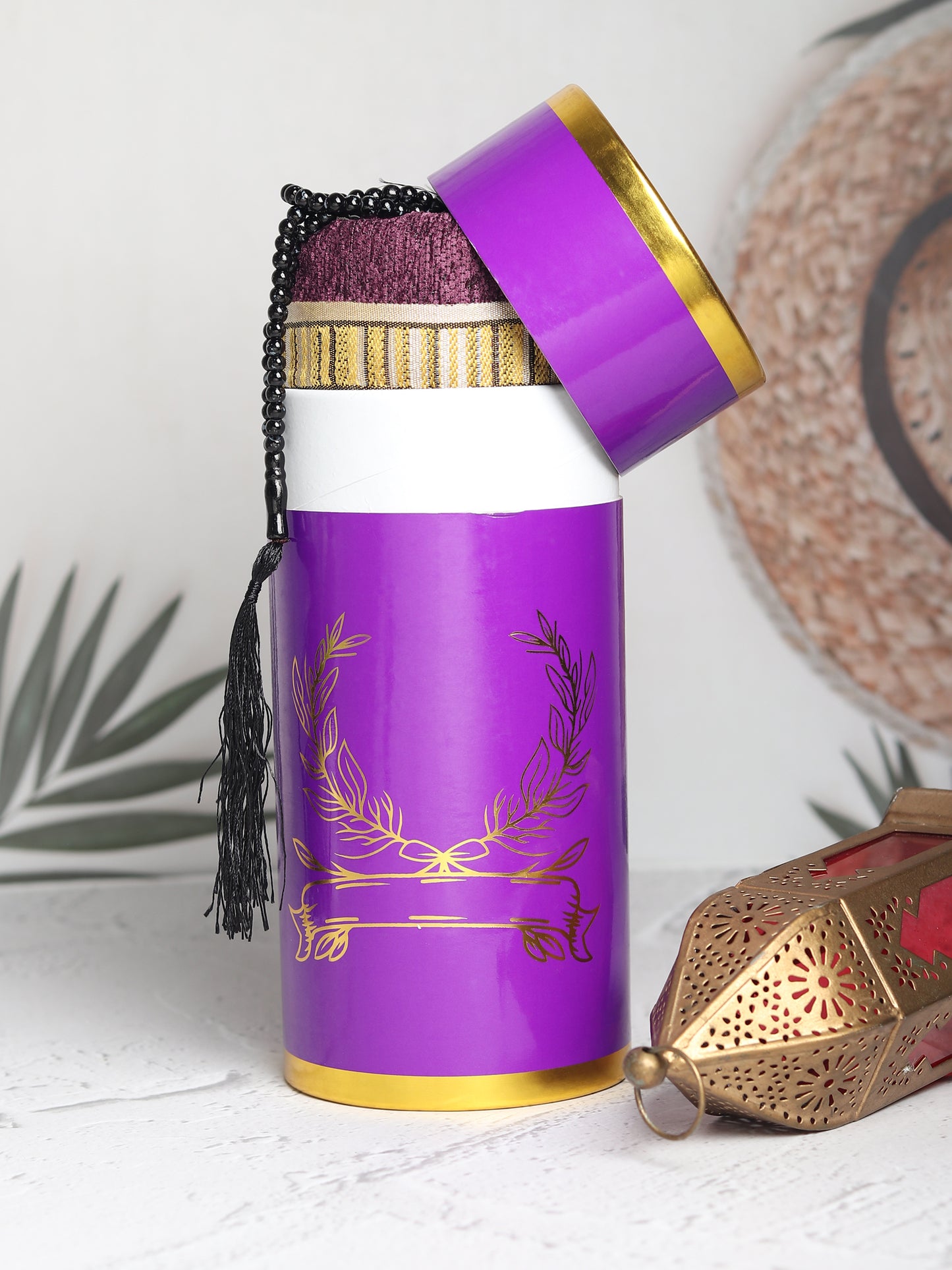 Intricate Design Cylinder Gift Box with Muslim Prayer Rug & Prayer Beads | Islamic Gifts Set | Prayer Carpet Mat, Purple