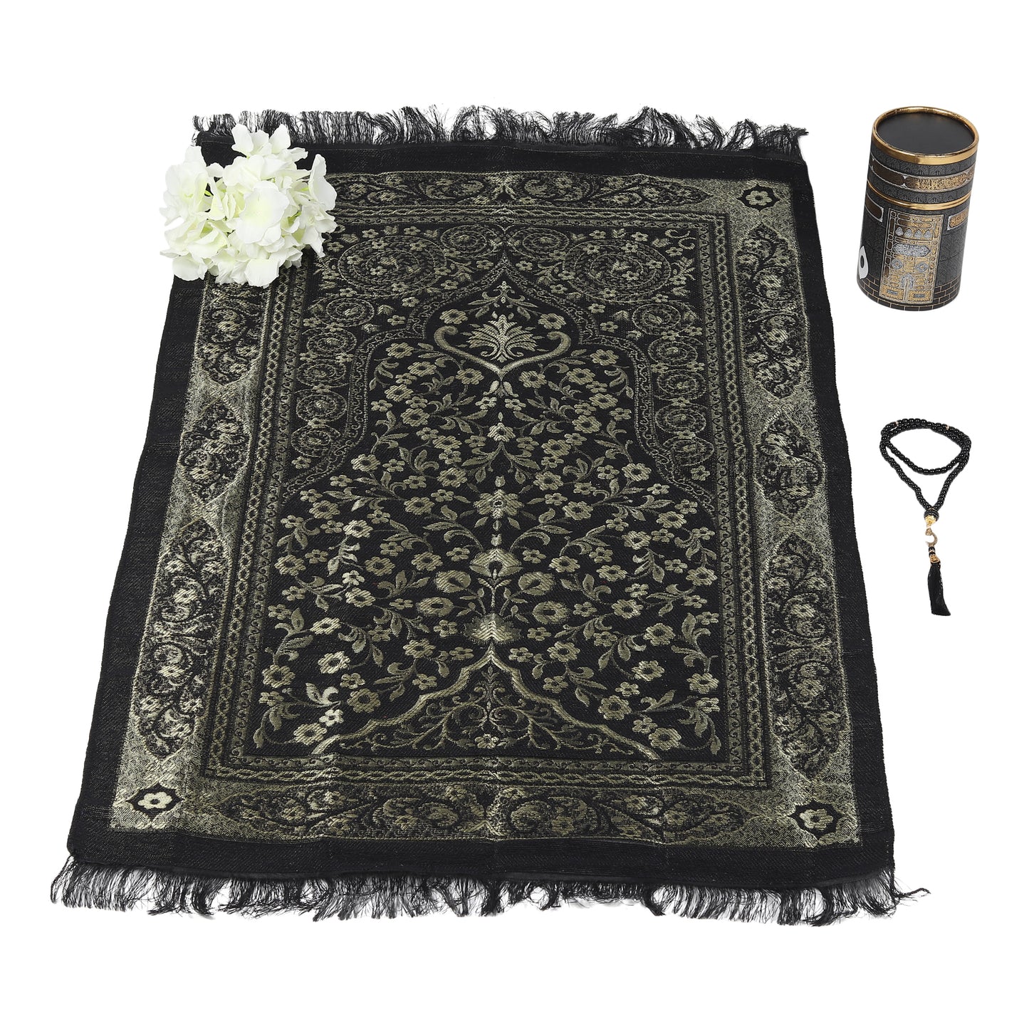 Elegant Kaaba Design Cylinder Gift Box with Muslim Prayer Rug & Prayer Beads | Islamic Gifts Set | Prayer Carpet Mat, Taffeta Fabric, Black