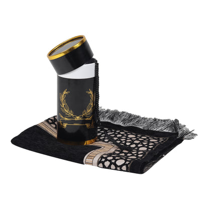 Intricate Design Cylinder Gift Box with Muslim Prayer Rug & Prayer Beads | Islamic Gifts Set | Prayer Carpet Mat, Black