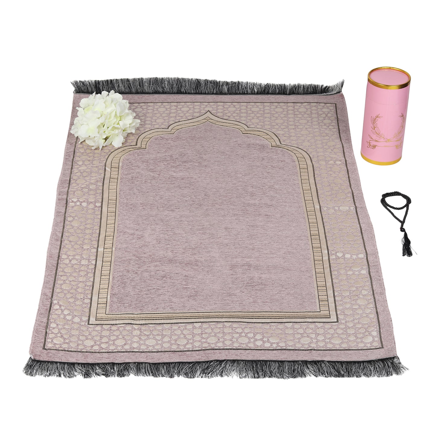 Intricate Design Cylinder Gift Box with Muslim Prayer Rug & Prayer Beads | Islamic Gifts Set | Prayer Carpet Mat, Pink